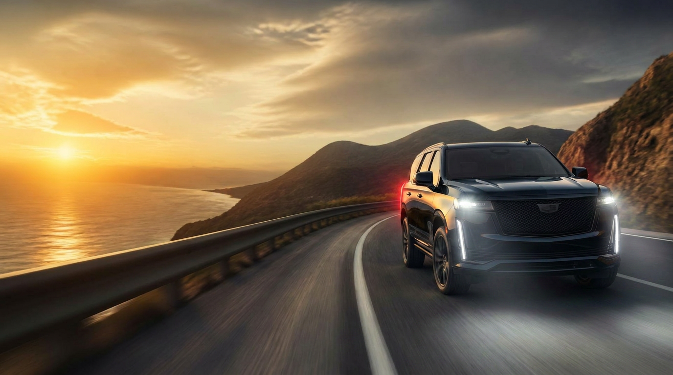 Black Cadillac Escalade on a coastal mountain road at golden hour