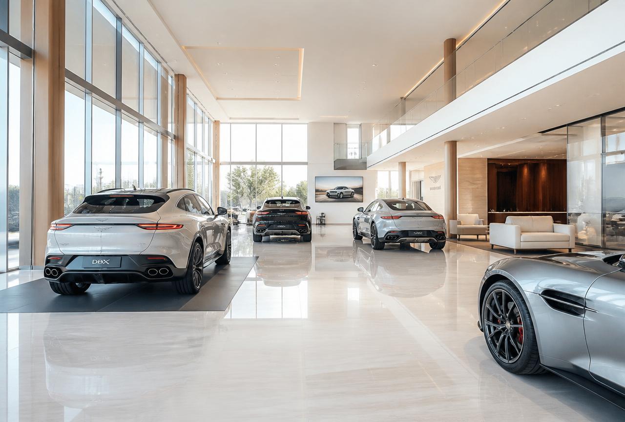 Bright modern luxury car showroom interior